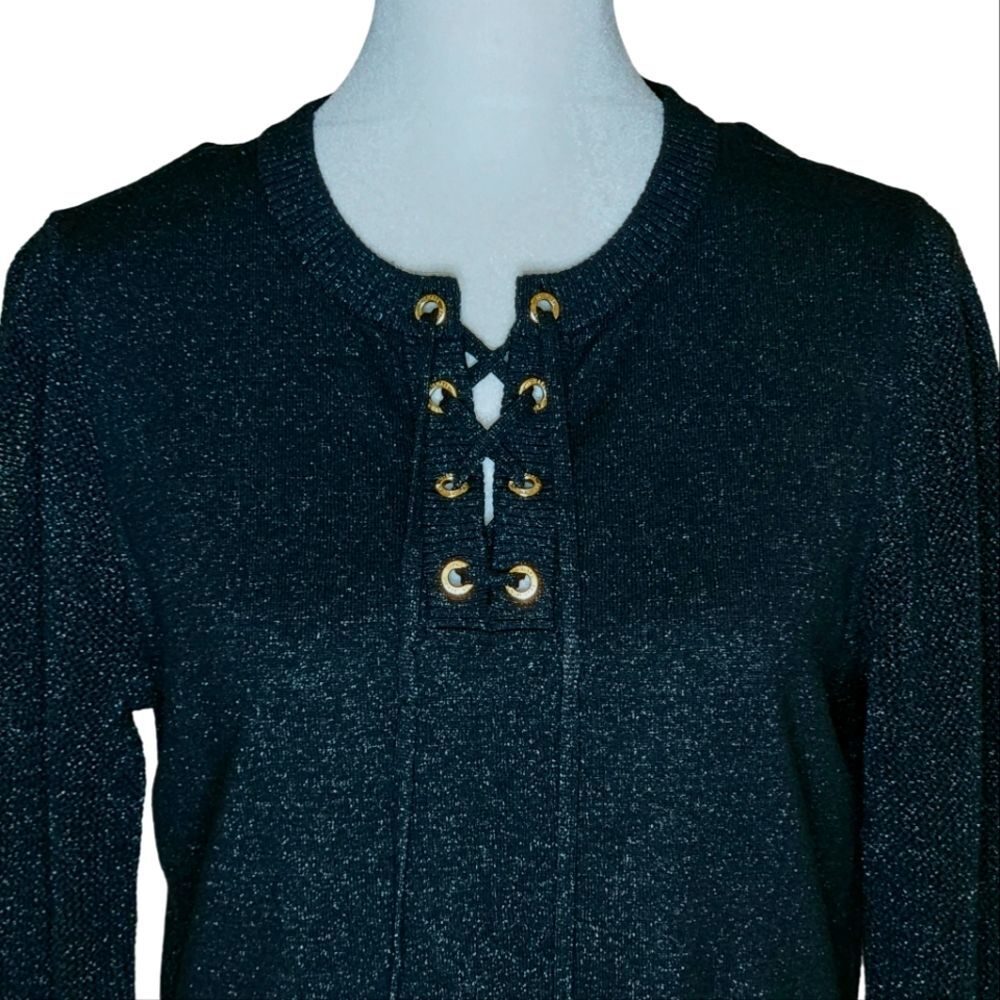 Michael Michael Kors Black Gold Metallic Lace-Up Tunic Sweater Glam Size Small - Picture 2 of 11
